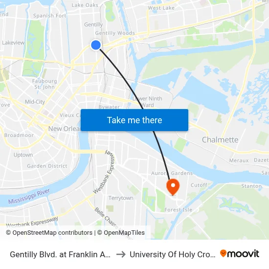 Gentilly Blvd. at Franklin Ave. to University Of Holy Cross map
