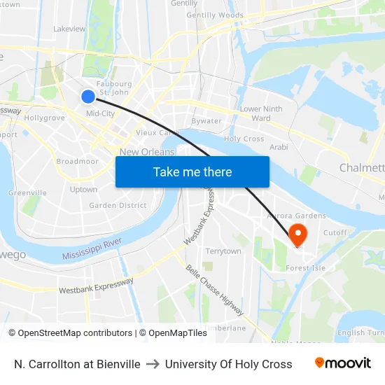 N. Carrollton at Bienville to University Of Holy Cross map
