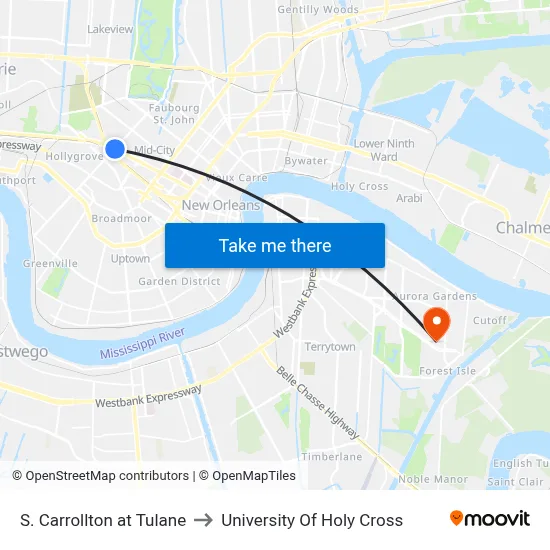 S. Carrollton at Tulane to University Of Holy Cross map