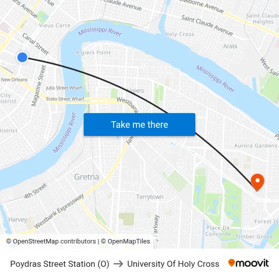 Poydras Street Station (O) to University Of Holy Cross map