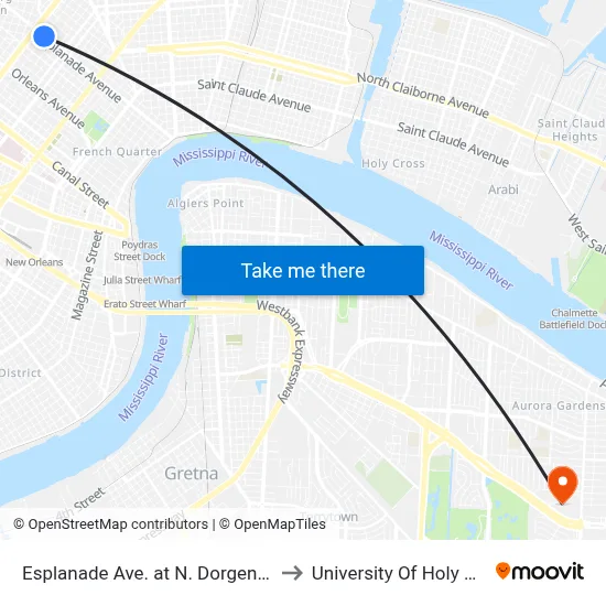 Esplanade Ave. at N. Dorgenois St. to University Of Holy Cross map