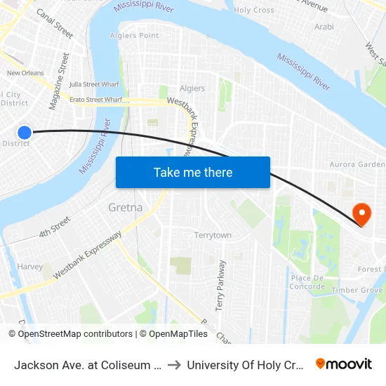 Jackson Ave. at Coliseum St. to University Of Holy Cross map