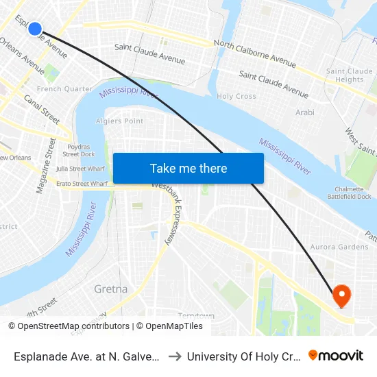 Esplanade Ave. at N. Galvez St. to University Of Holy Cross map