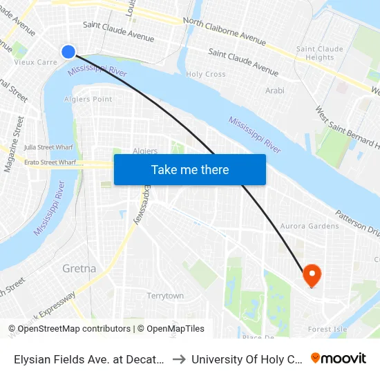 Elysian Fields Ave. at Decatur St. to University Of Holy Cross map