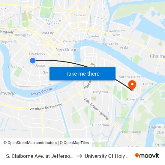 S. Claiborne Ave. at Jefferson Ave. to University Of Holy Cross map