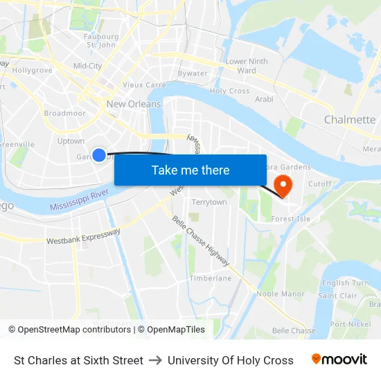 St Charles at Sixth Street to University Of Holy Cross map