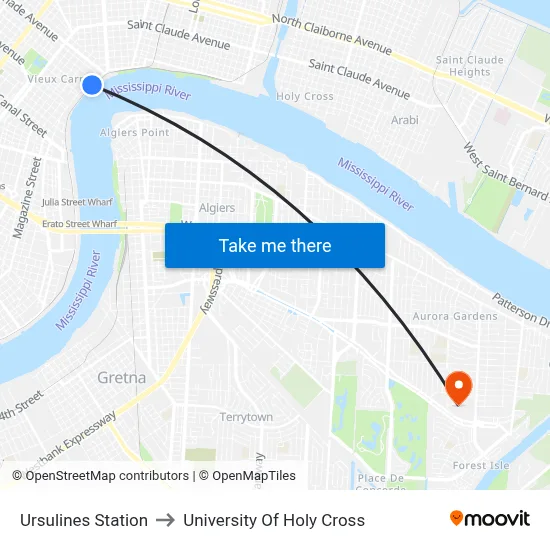 Ursulines Station to University Of Holy Cross map