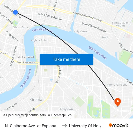 N. Claiborne Ave. at Esplanade Ave. to University Of Holy Cross map