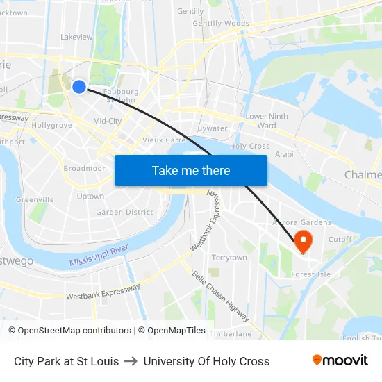 City Park at St Louis to University Of Holy Cross map