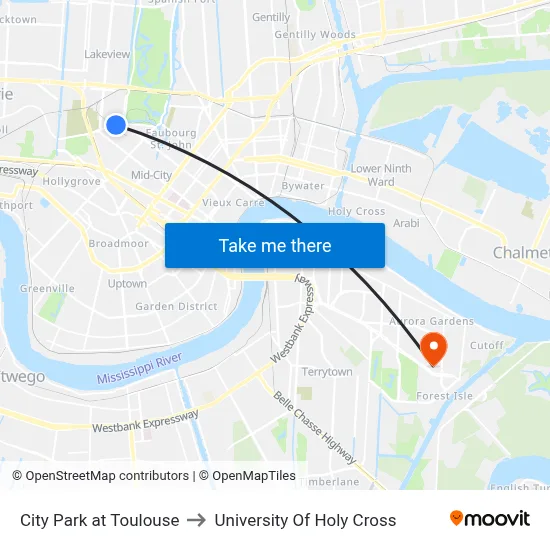 City Park at Toulouse to University Of Holy Cross map