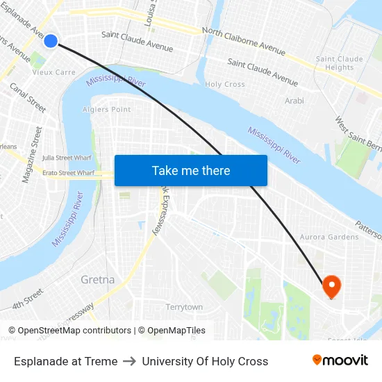 Esplanade at Treme to University Of Holy Cross map