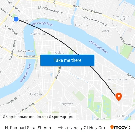 N. Rampart St. at St. Ann St. to University Of Holy Cross map