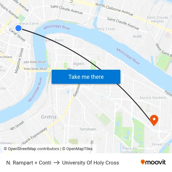 N. Rampart + Conti to University Of Holy Cross map