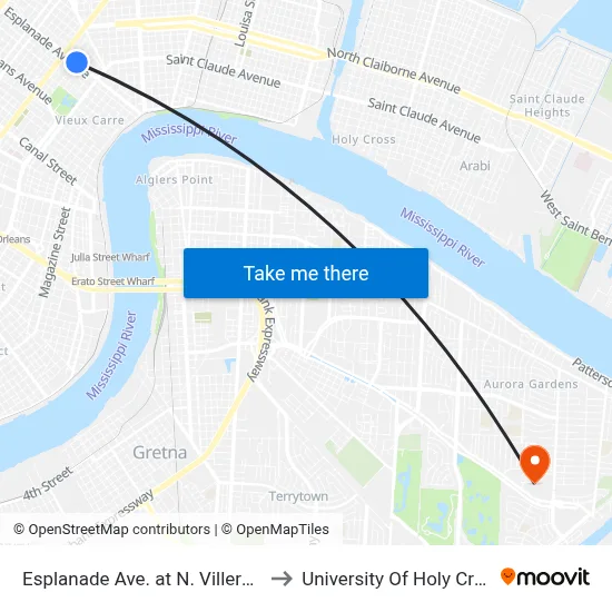 Esplanade Ave. at N. Villere St. to University Of Holy Cross map
