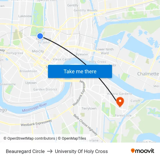 Beauregard Circle to University Of Holy Cross map