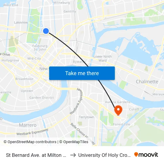 St Bernard Ave. at Milton St. to University Of Holy Cross map