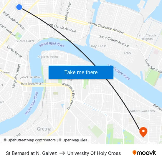 St Bernard at N. Galvez to University Of Holy Cross map