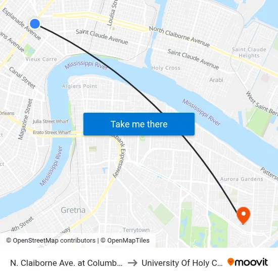 N. Claiborne Ave. at Columbus St. to University Of Holy Cross map