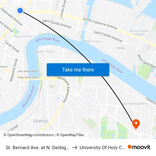 St. Bernard Ave. at N. Derbigny St. to University Of Holy Cross map