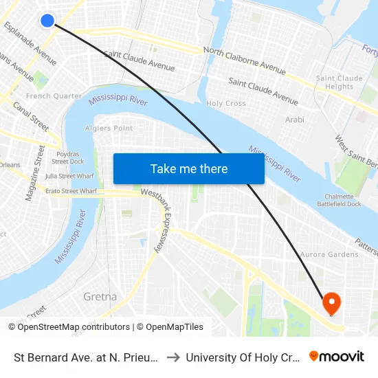 St Bernard Ave. at N. Prieur St. to University Of Holy Cross map