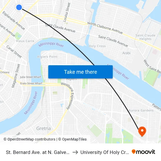 St. Bernard Ave. at N. Galvez St. to University Of Holy Cross map