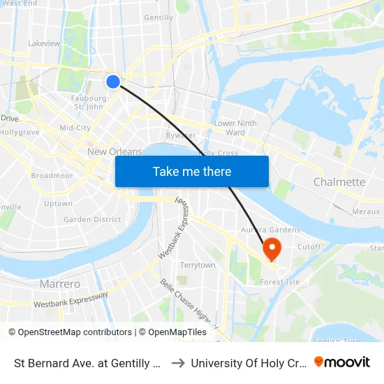 St Bernard Ave. at Gentilly Blvd. to University Of Holy Cross map
