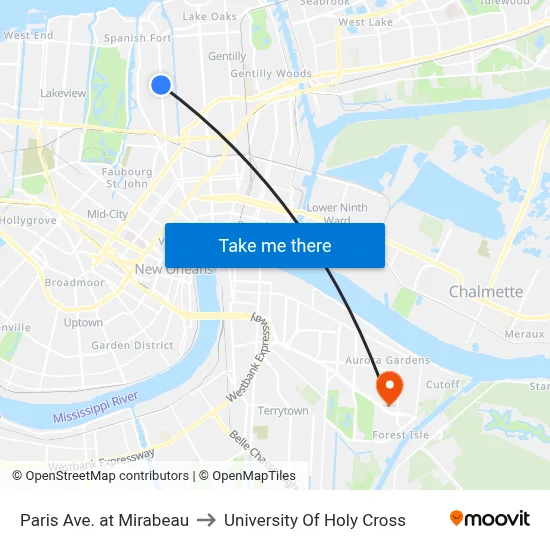 Paris Ave. at Mirabeau to University Of Holy Cross map