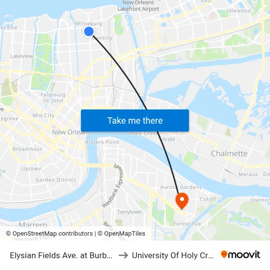 Elysian Fields Ave. at Burbank to University Of Holy Cross map