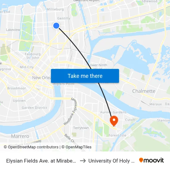 Elysian Fields Ave. at Mirabeau Ave. to University Of Holy Cross map