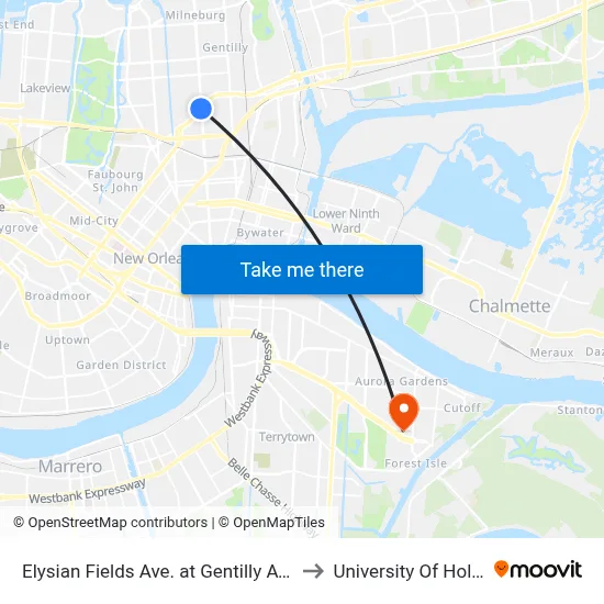 Elysian Fields Ave. at Gentilly Ave. (Farside) to University Of Holy Cross map