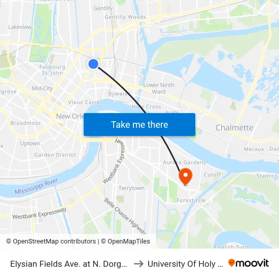 Elysian Fields Ave. at N. Dorgenois St. to University Of Holy Cross map