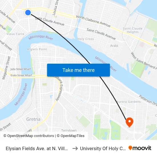 Elysian Fields Ave. at N. Villere St. to University Of Holy Cross map