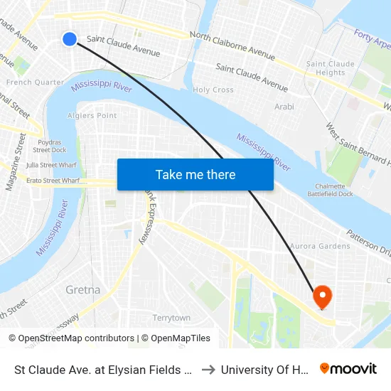 St Claude Ave. at Elysian Fields Ave. (Nearside) to University Of Holy Cross map