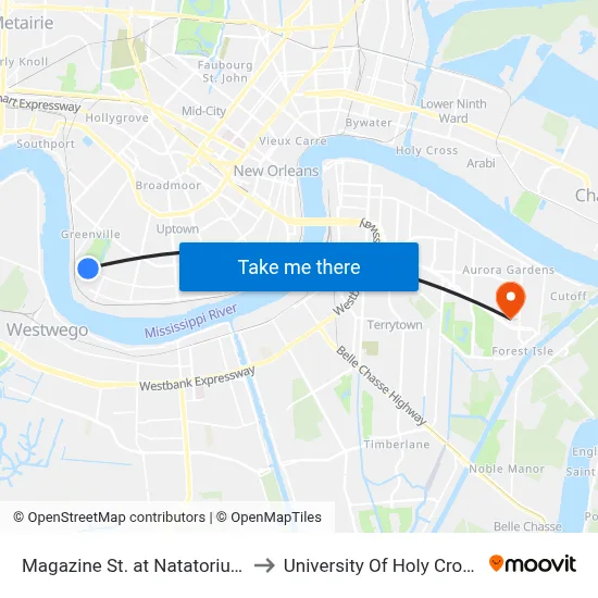 Magazine St. at Natatorium to University Of Holy Cross map