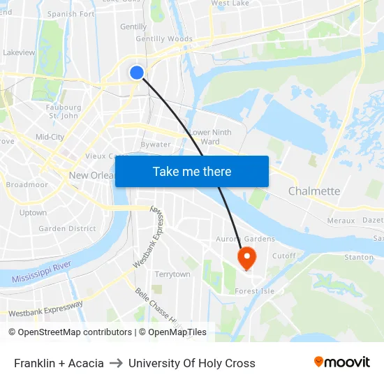Franklin + Acacia to University Of Holy Cross map