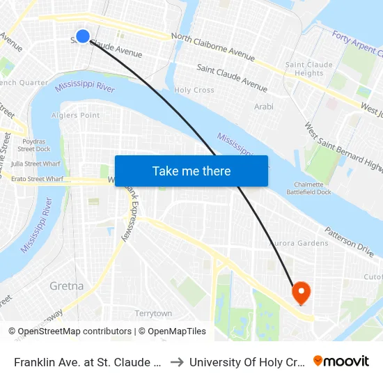 Franklin Ave. at St. Claude Ave. to University Of Holy Cross map