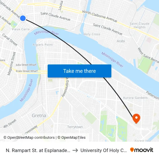 N. Rampart St. at Esplanade Ave. to University Of Holy Cross map