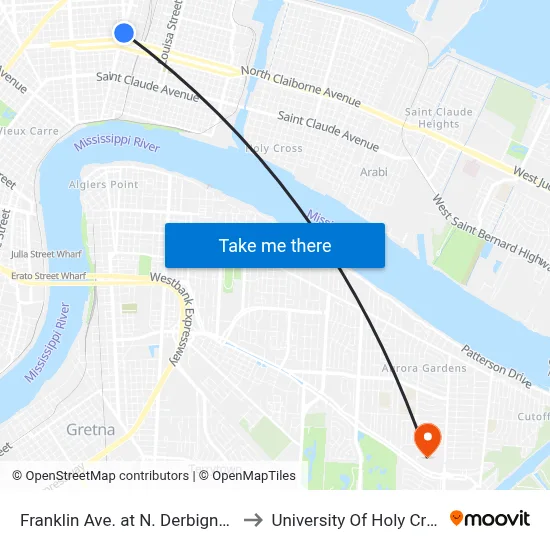 Franklin Ave. at N. Derbigny St. to University Of Holy Cross map