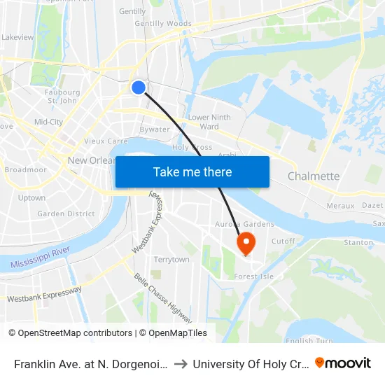 Franklin Ave. at N. Dorgenois St. to University Of Holy Cross map