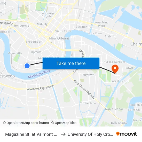 Magazine St. at Valmont St. to University Of Holy Cross map