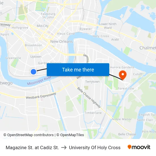 Magazine St. at Cadiz St. to University Of Holy Cross map