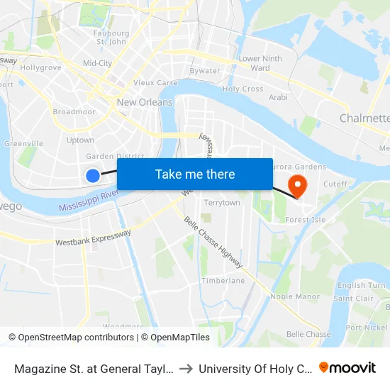 Magazine St. at General Taylor St. to University Of Holy Cross map