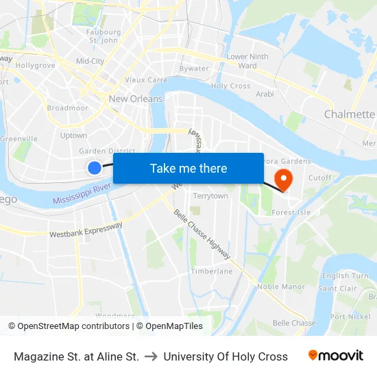 Magazine St. at Aline St. to University Of Holy Cross map