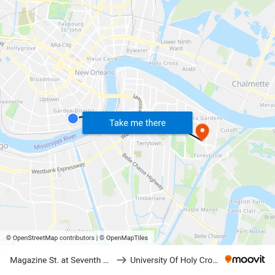 Magazine St. at Seventh St. to University Of Holy Cross map