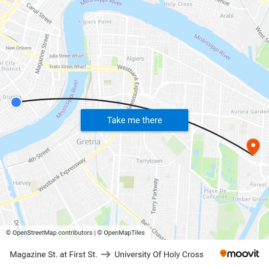 Magazine St. at First St. to University Of Holy Cross map