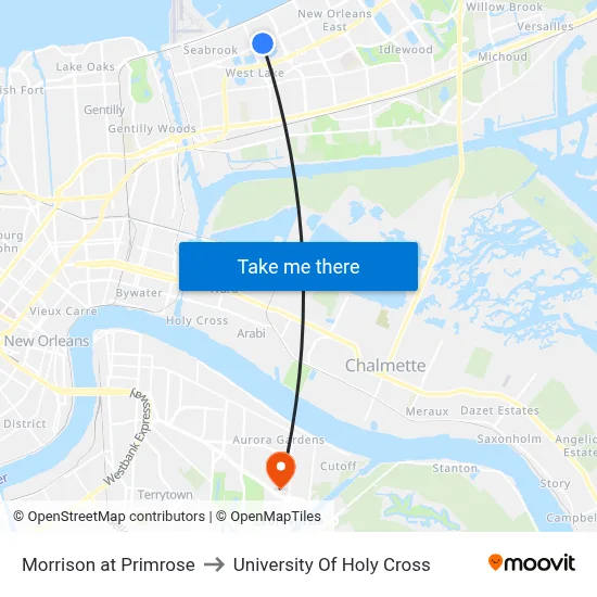 Morrison at Primrose to University Of Holy Cross map