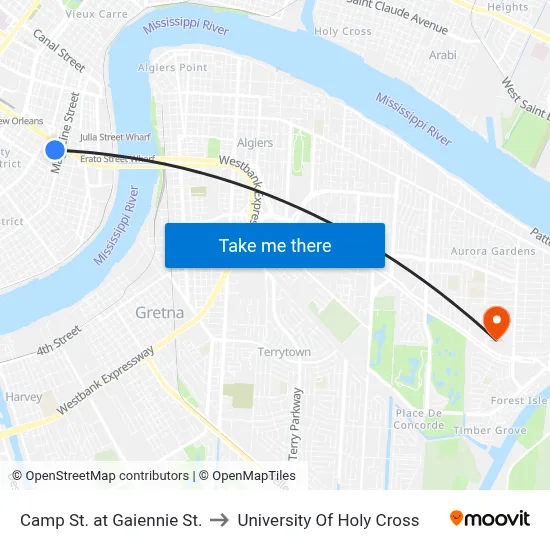 Camp St. at Gaiennie St. to University Of Holy Cross map