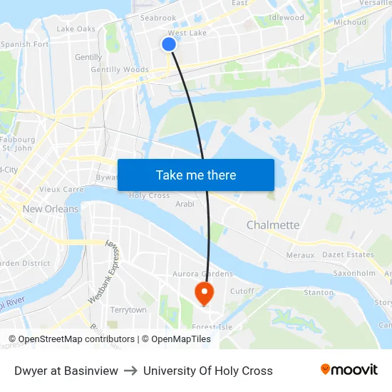 Dwyer at Basinview to University Of Holy Cross map