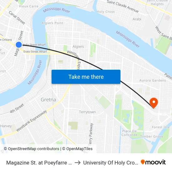 Magazine St. at Poeyfarre St. to University Of Holy Cross map