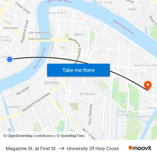 Magazine St. at First St. to University Of Holy Cross map